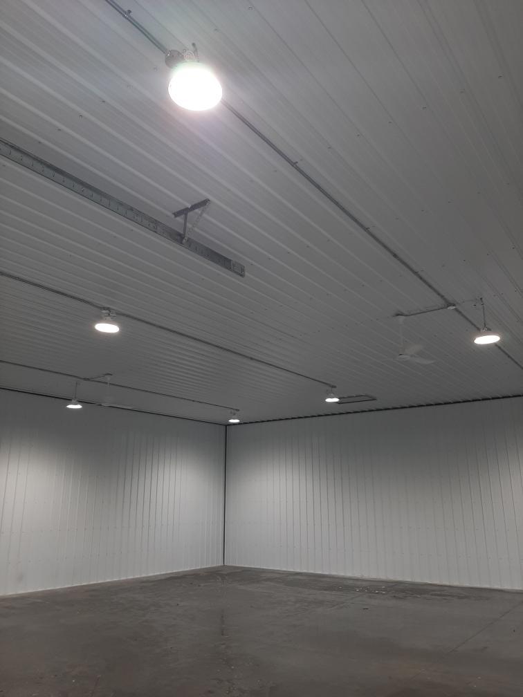 Insulated shop interior with overhead lights